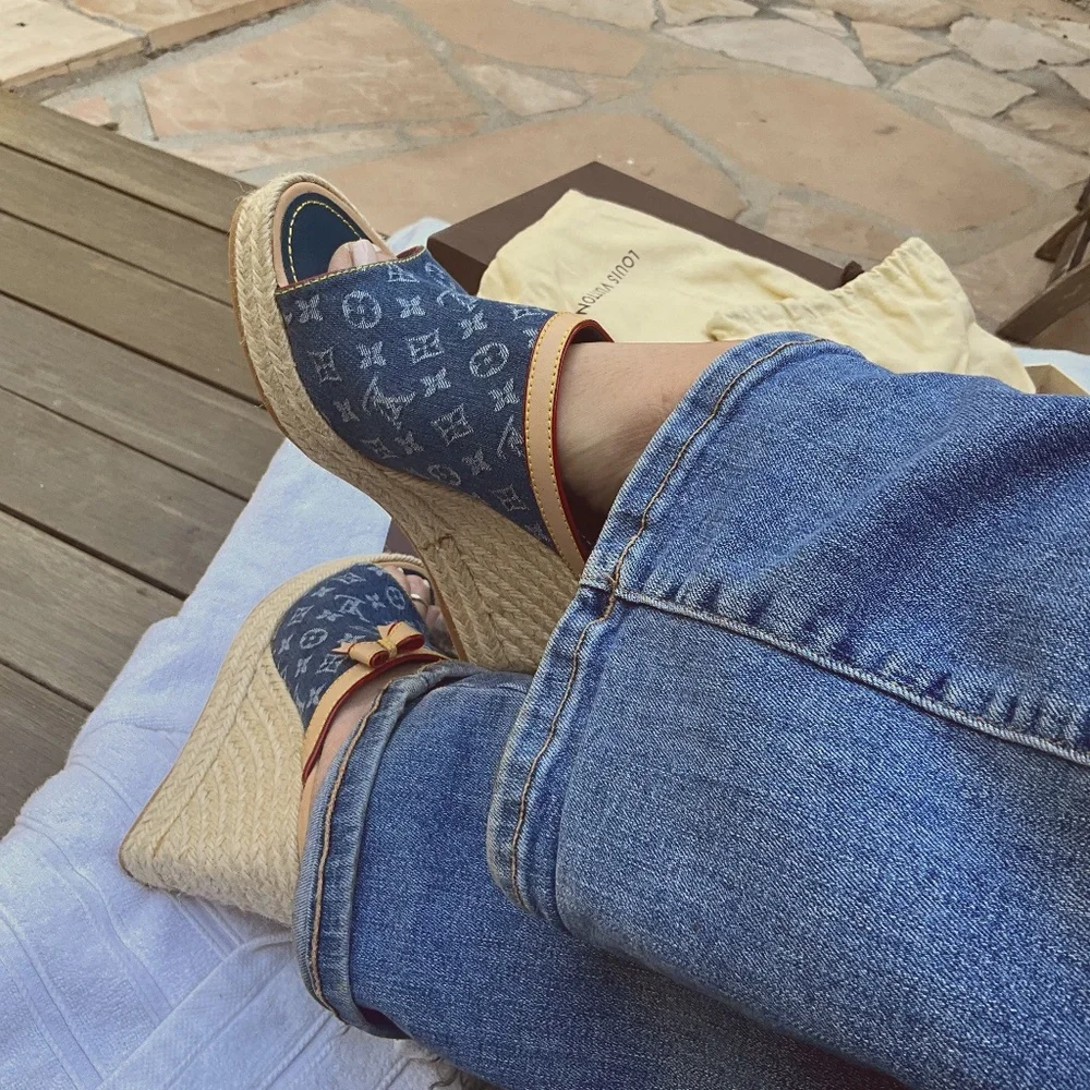 Louis Vuitton Blue Monogram Denim Wedge Espadrilles